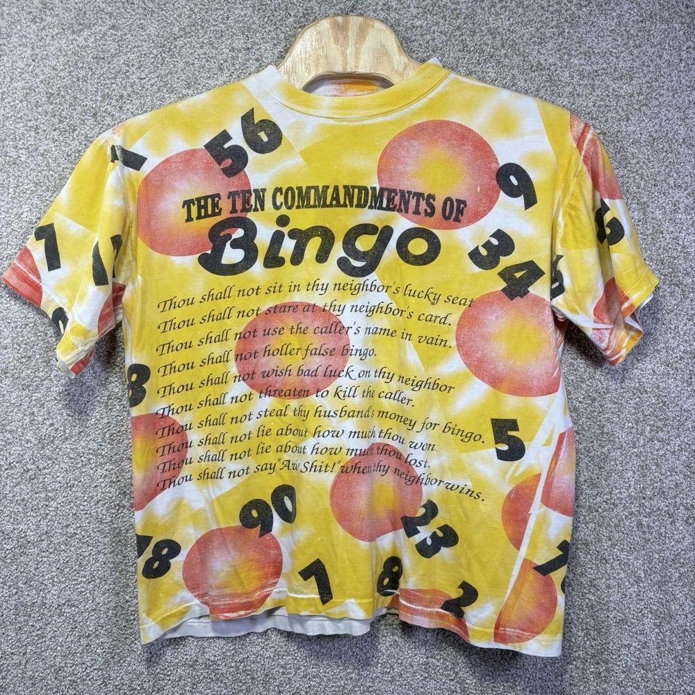Vintage Bingo Shirt XL Medium Yellow Ten Commandments Graphic Funny Humor 90s